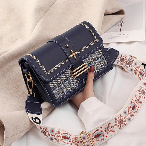 Women PU Leather Tweed Patchwork Crossbody Bag Retro Small Square Shoulder Purse With Wide Embroidered Strap Flower Lock