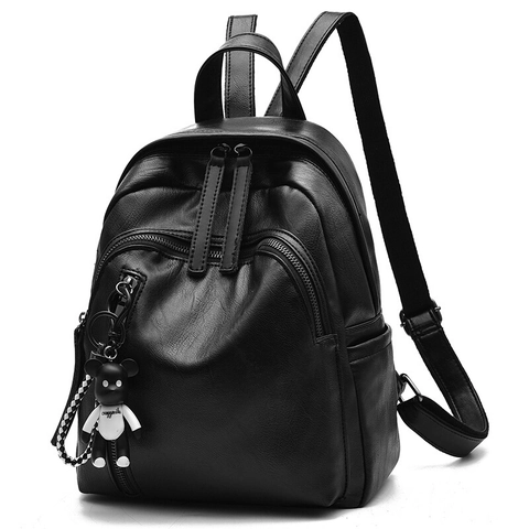 Mochila De Moda Para Mujer Cuero PU Mochila Suave Minimalista Con Colgante De Oso Bolsa De Escuela Viaje Negra