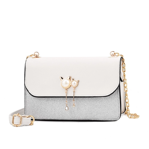 Women Fashion PU Leather Shoulder Bag Pearl Cat Ear Tassel Decor Glitter Stitching Chain Crossbody Bag Daily Satchel