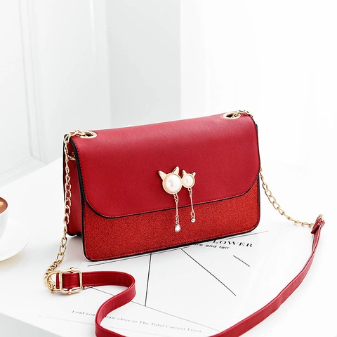Women Fashion PU Leather Shoulder Bag Pearl Cat Ear Tassel Decor Glitter Stitching Chain Crossbody Bag Daily Satchel