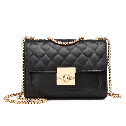 Women Quilted PU Leather Shoulder Bag Elegant Chain Crossbody Bag Classic Small Square Bag With Gold Lock Closure