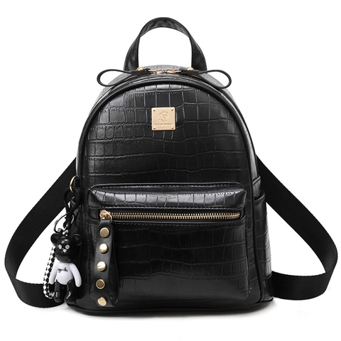 Damen Mode Krokodilmuster PU Leder Rucksack Koreanischen Stil Student Schultasche Reise Daypack Mit Bär Anhänger