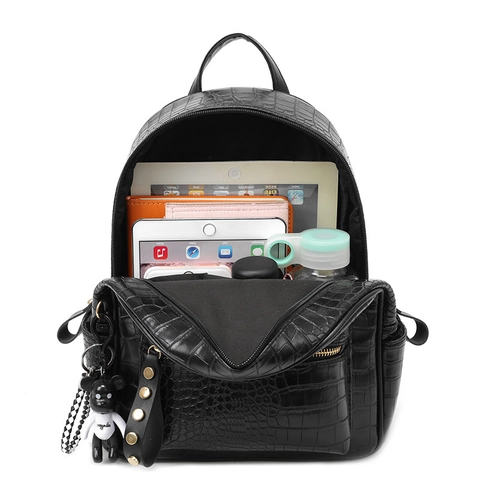 Damen Mode Krokodilmuster PU Leder Rucksack Koreanischen Stil Student Schultasche Reise Daypack Mit Bär Anhänger