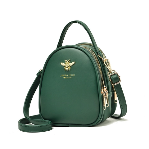 Bolso Redondo Pequeño Vintage Abeja Mujer Mini Bolso de Hombro Tres Compartimentos Cremallera Cuero Poliuretano Bolso de Mano