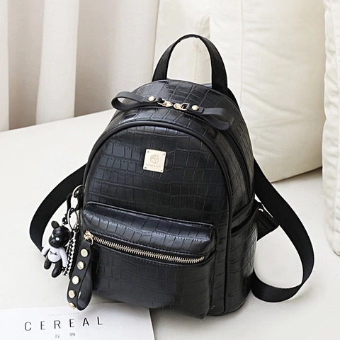 Zaino da Donna in Pelle PU con Motivo a Coccodrillo Moda Coreana Versatile Borsa da Viaggio per la Scuola Con Orso