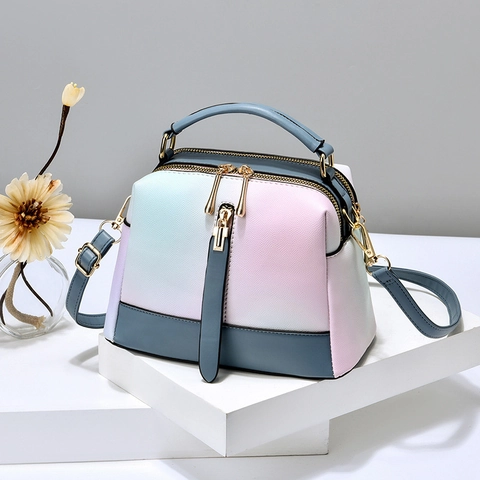 Mode Damen Handtasche PU Leder Farbverlauf Doppelter Reißverschluss Umhängetasche Trendy Macaron Boston Stil
