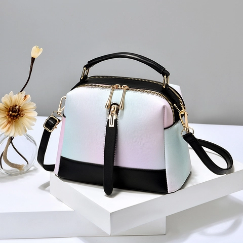 Mode Damen Handtasche PU Leder Farbverlauf Doppelter Reißverschluss Umhängetasche Trendy Macaron Boston Stil
