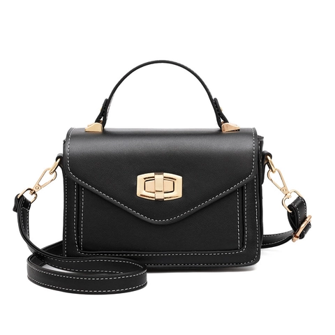 Women Fashion PU Leather Small Square Bag Vintage Shoulder Crossbody Bag With Top Handle Metal Lock Contrast Stitching Envelope Bag