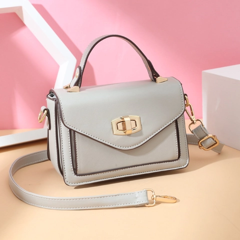 Women Fashion PU Leather Small Square Bag Vintage Shoulder Crossbody Bag With Top Handle Metal Lock Contrast Stitching Envelope Bag