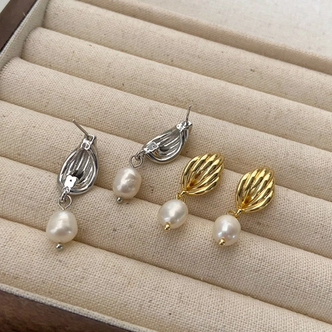 Vintage Shell Natural Freshwater Pearl Dangle Earrings Copper Gold Silver Plated French Style Elegant Niche Jewelry