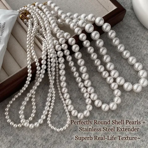Ronde Schelpparel Ketting Elegante Witte Kraal Choker Met Roestvrijstalen Verlengketting Veelzijdige Layering Sieraden