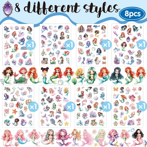 Watercolor Mermaid Ocean Stickers Holographic Laser Glitter Waterproof Vinyl Adhesive Decals For Kids DIY Journal Decor