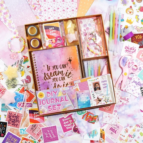 Dreamy Pink Purple DIY Journal Stationery Scrapbooking Notebook Stickers Gel Pens Scissors Decorative Accessories For Girls Students