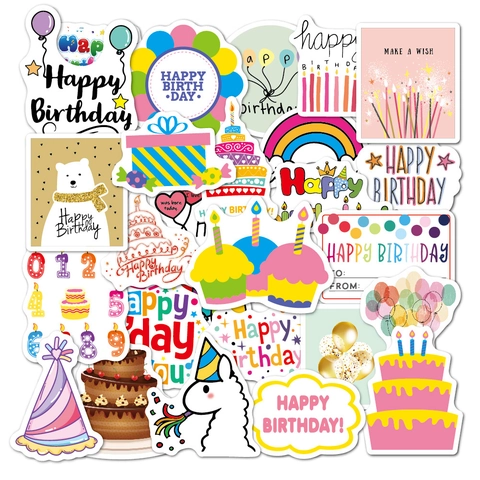 Happy Birthday Stickers Cartoon Graffiti Waterproof Rainbow Decor For Cake Laptop Scrapbook Cute Party Supplies Variety