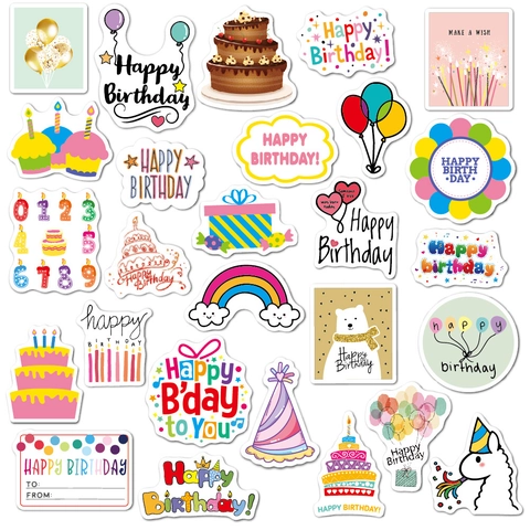Happy Birthday Stickers Cartoon Graffiti Waterproof Rainbow Decor For Cake Laptop Scrapbook Cute Party Supplies Variety