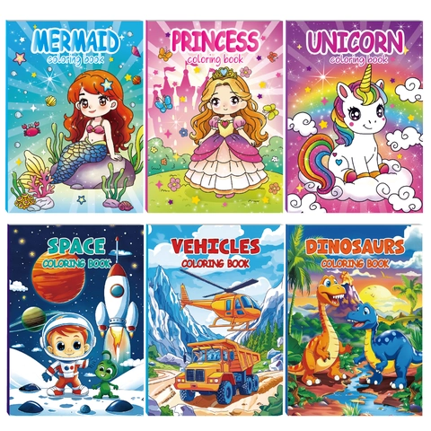 Libro da Colorare per Bambini Cartone Animato Dinosauro Sirena Unicorno Principessa Spazio Veicoli Temi DIY Graffiti Libro da Disegno Regalo