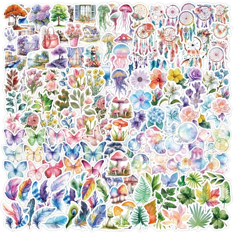 Watercolor Scrapbook Stickers Transparent Washi Paper DIY Journal Decorative Decals Butterfly Flower Mushroom Nature Style