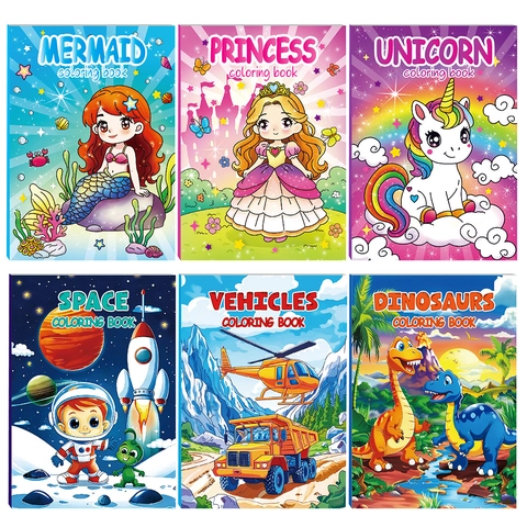 Children Cartoon Coloring Book Dinosaur Mermaid Unicorn Princess Space Vehicle Themes DIY Graffiti Drawing Book For Kids Gift
