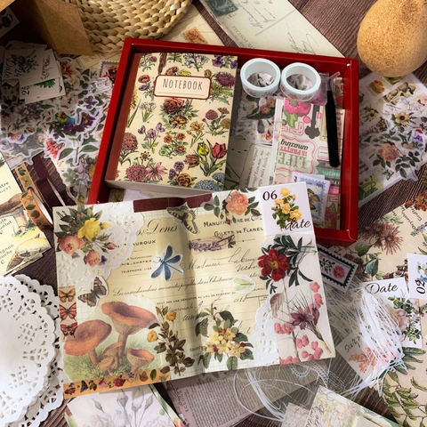 Vintage Floral Ästhetik Scrapbook Journaling Schreibwaren Kollektion Mit A6 Notizbuch Washi Tape Aufkleber Papier Für Basteln Geschenk