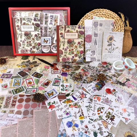 Vintage Floral Ästhetik Scrapbook Journaling Schreibwaren Kollektion Mit A6 Notizbuch Washi Tape Aufkleber Papier Für Basteln Geschenk
