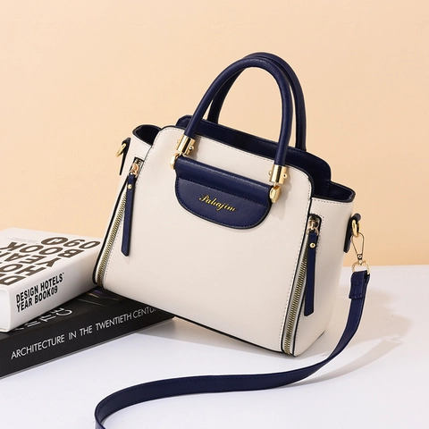 Women Fashion Color Block Shoulder Bag PU Leather Spliced Handbag With Gold Hardware Adjustable Strap Casual Top Handle Bag