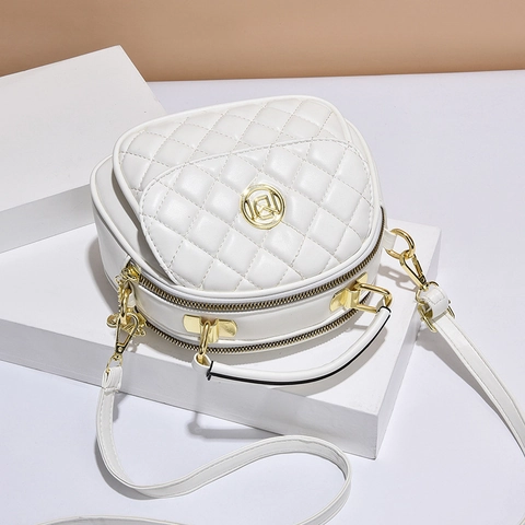 Sac À Bandoulière Femme Cuir PU Matelassé Motif Losanges Double Fermeture Éclair Petit Sac À Main Coquille Crossbody Détails Dorés Élégant