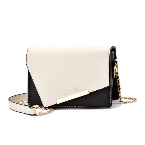 Bolso de Hombro para Mujer de Cuero PU con Bloques de Color Cadena de Metal Estampado de Letras Románticas Bolso Bandolera Cuadrado