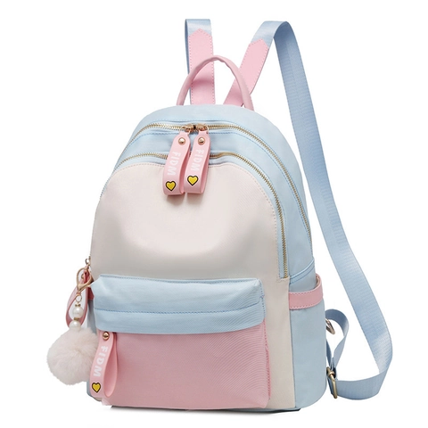 Zaino in Tessuto Oxford Patchwork alla Moda per Donna Zainetto Scolastico Stile Preppy Casual con Ciondolo a Pompon in Peluche Tasche Multiple Zaino da Viaggio