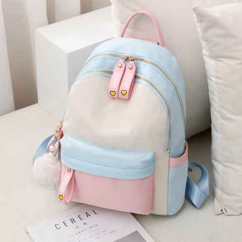 Zaino in Tessuto Oxford Patchwork alla Moda per Donna Zainetto Scolastico Stile Preppy Casual con Ciondolo a Pompon in Peluche Tasche Multiple Zaino da Viaggio
