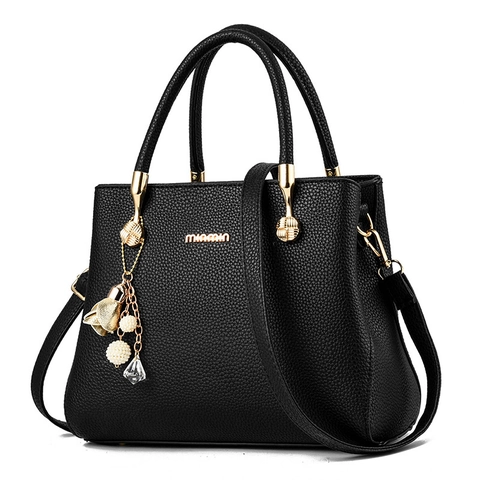 Women's Korean Fashion Lychee Texture PU Leather Handbag With Elegant Flower Pearl Pendant Stylish Shoulder Crossbody Bag For Commuter
