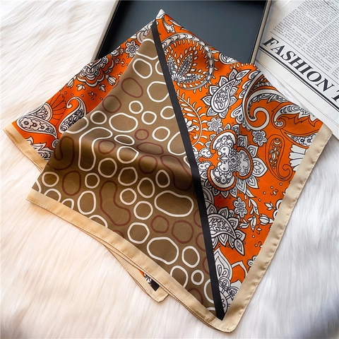 Women Square Scarf Polyester Imitation Satin Paisley Geometric Print Contrast Color Satin Soft Neck Wrap Elegant