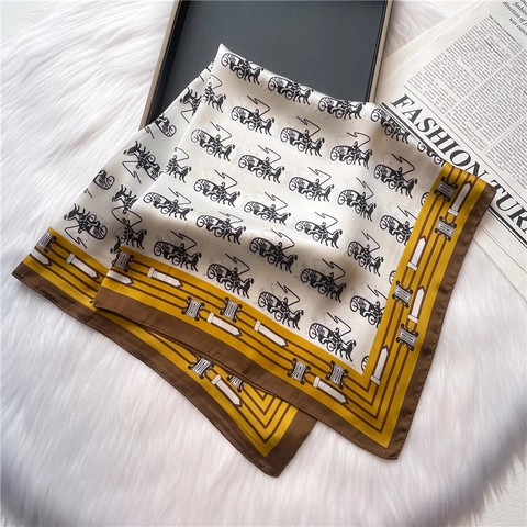 Vintage Kutschen Print Quadratischer Schal Luxus Satinnimitat Polyester Kopf Hals Tuch Für Damen Elegant Mode
