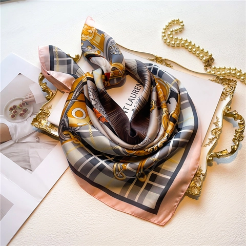 Vintage Equestrian Satin Square Scarf For Women Plaid Horse Print Silk Like Hair Bandana Luxury Neck Scarf Shawl Neckerchief