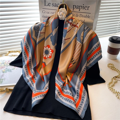 Damen Satinnsatin Quadratischer Schal Twill Polyester Reitsport Pferdedruck Französisch Elegant Kopftuch Vielseitiger Schal