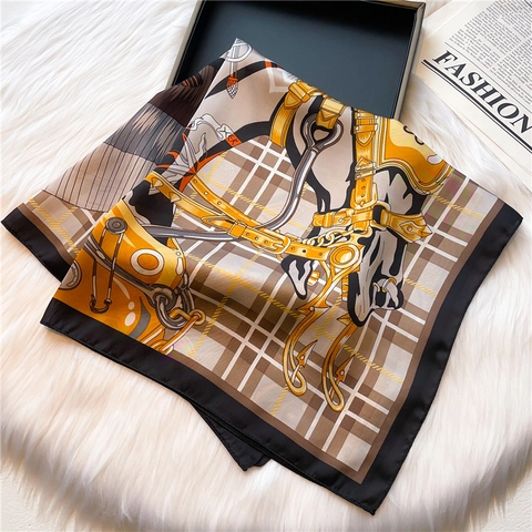 Vintage Equestrian Satin Square Scarf For Women Plaid Horse Print Silk Like Hair Bandana Luxury Neck Scarf Shawl Neckerchief