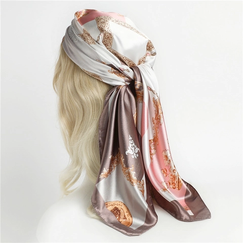 Grande Sciarpa Quadrata Motivo Barocco Stampa Catena Raso Effetto Raso Bandana Scialle Per Donna Elegante Vintage Moda Accessorio
