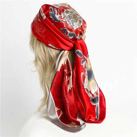 Quadratischer Satinnschal Pfingstrosenmuster Polyester Satintuch Retro Haar Bandana Eleganter Halsschal Für Damen