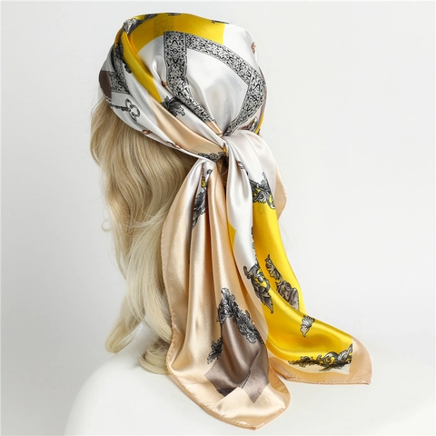 Grande Sciarpa Quadrata Motivo Barocco Stampa Catena Raso Effetto Raso Bandana Scialle Per Donna Elegante Vintage Moda Accessorio