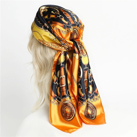 Women Satin Square Scarf Polyester Satin Feeling Retro Chain Belt Print Head Scarf Elegant Hair Wrap Large Shawl For Ladies