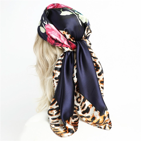 Women Square Scarf Satin Polyester Floral Leopard Print Patchwork Soft Smooth Satin Feeling Shawl Wrap Elegant Accessory