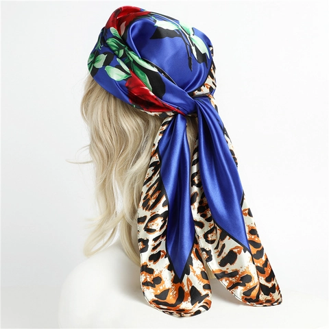 Women Square Scarf Satin Polyester Floral Leopard Print Patchwork Soft Smooth Satin Feeling Shawl Wrap Elegant Accessory