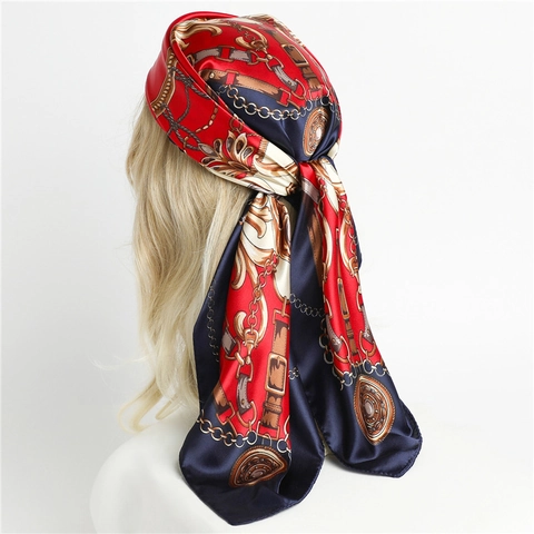 Women Satin Square Scarf Polyester Satin Feeling Retro Chain Belt Print Head Scarf Elegant Hair Wrap Large Shawl For Ladies