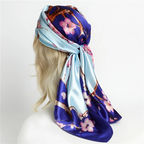 Women Square Scarf Polyester Satin Floral Plum Blossom Print Elegant Satin-Like Headscarf Accessory
