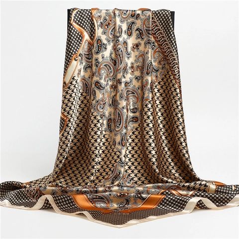 Sciarpa Quadrata In Raso Con Pied De Poule E Paisley Per Donna Lusso Stampa Catena Di Cavallo Elegante Foulard Versatile