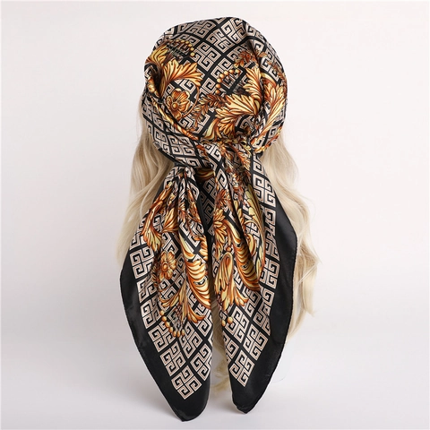 Vintage Baroque Pattern Satin Scarf Luxury Leopard Print Large Square Headscarf Elegant Neck Shawl For Women