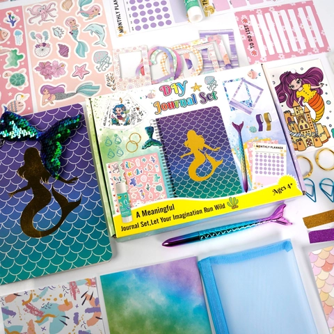 Meerjungfrau Thema DIY Journal Kit Für Mädchen Spiral Notizbuch Aufkleber Stifte Washi Tape Kreative Schreibwaren Geschenkbox