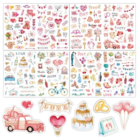 Aquarel Romantische Bruiloft Stickers Hart Roze Liefde Handbeschilderd Zelfklevend Voor DIY Scrapbooking Journal Planner