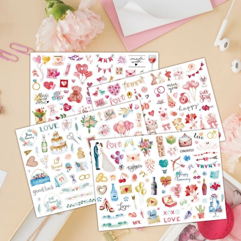 Aquarel Romantische Bruiloft Stickers Hart Roze Liefde Handbeschilderd Zelfklevend Voor DIY Scrapbooking Journal Planner