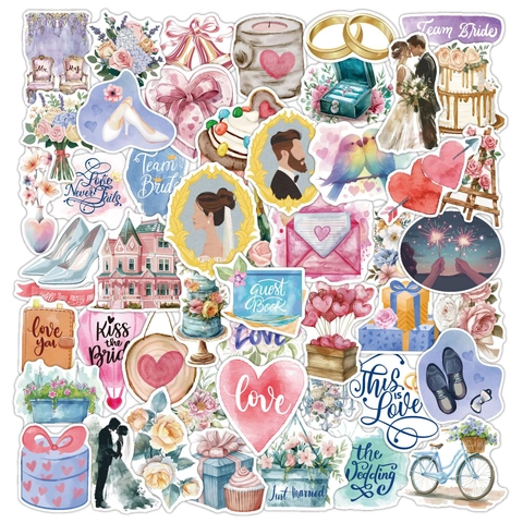 Wedding Stickers Vinyl Waterproof Romantic Watercolor Hand Drawn Illustrations Bridal Party Scrapbooking Laptop Stationery Decals