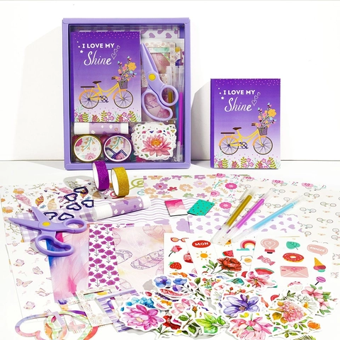 Carnet De Notes Journal DIY Fleurs Violettes Autocollants Ruban Washi Stylos Ciseaux Scrapbooking Papeterie Filles